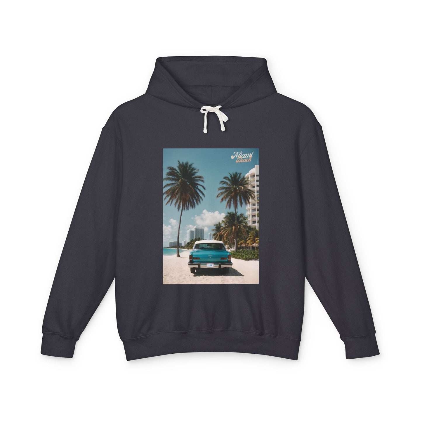 Vintage Car On The Beach Lightweight Hooded Sweatshirt