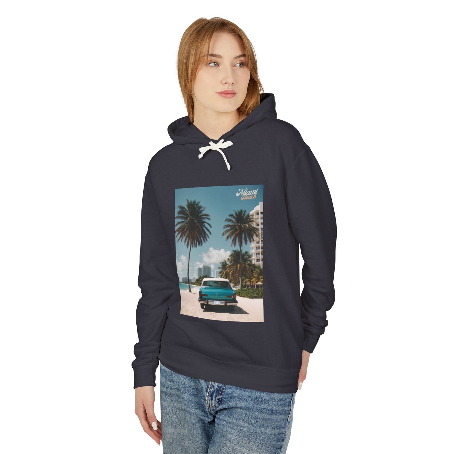 Vintage Car On The Beach Lightweight Hooded Sweatshirt