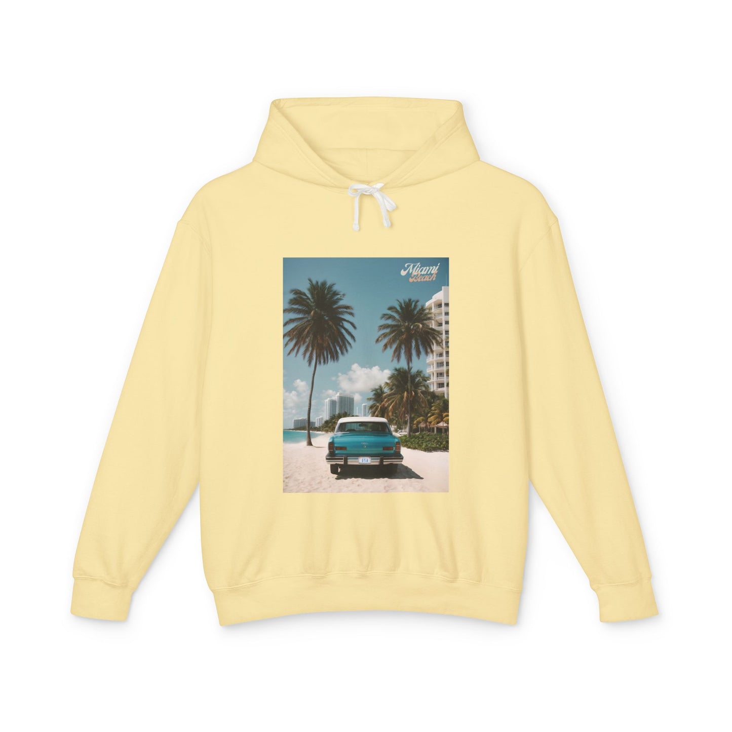 Vintage Car On The Beach Lightweight Hooded Sweatshirt