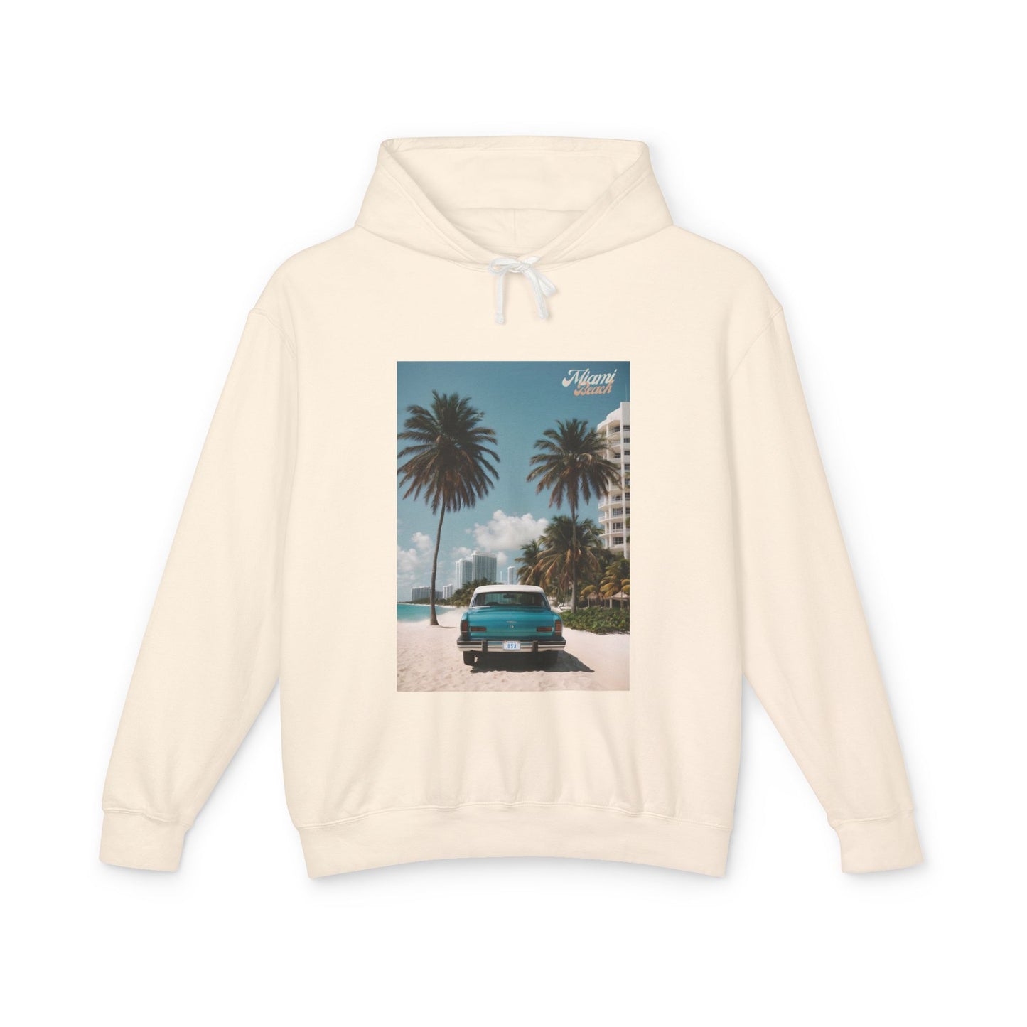 Vintage Car On The Beach Lightweight Hooded Sweatshirt