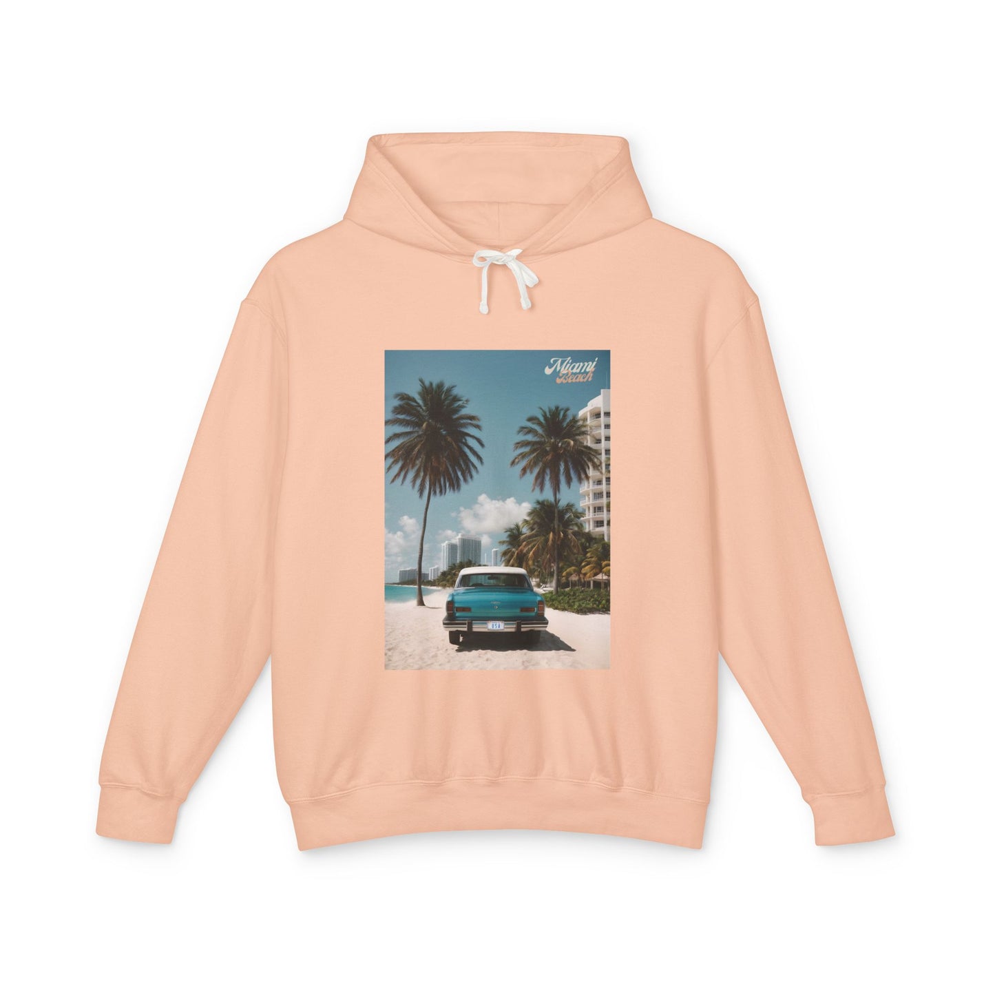 Vintage Car On The Beach Lightweight Hooded Sweatshirt