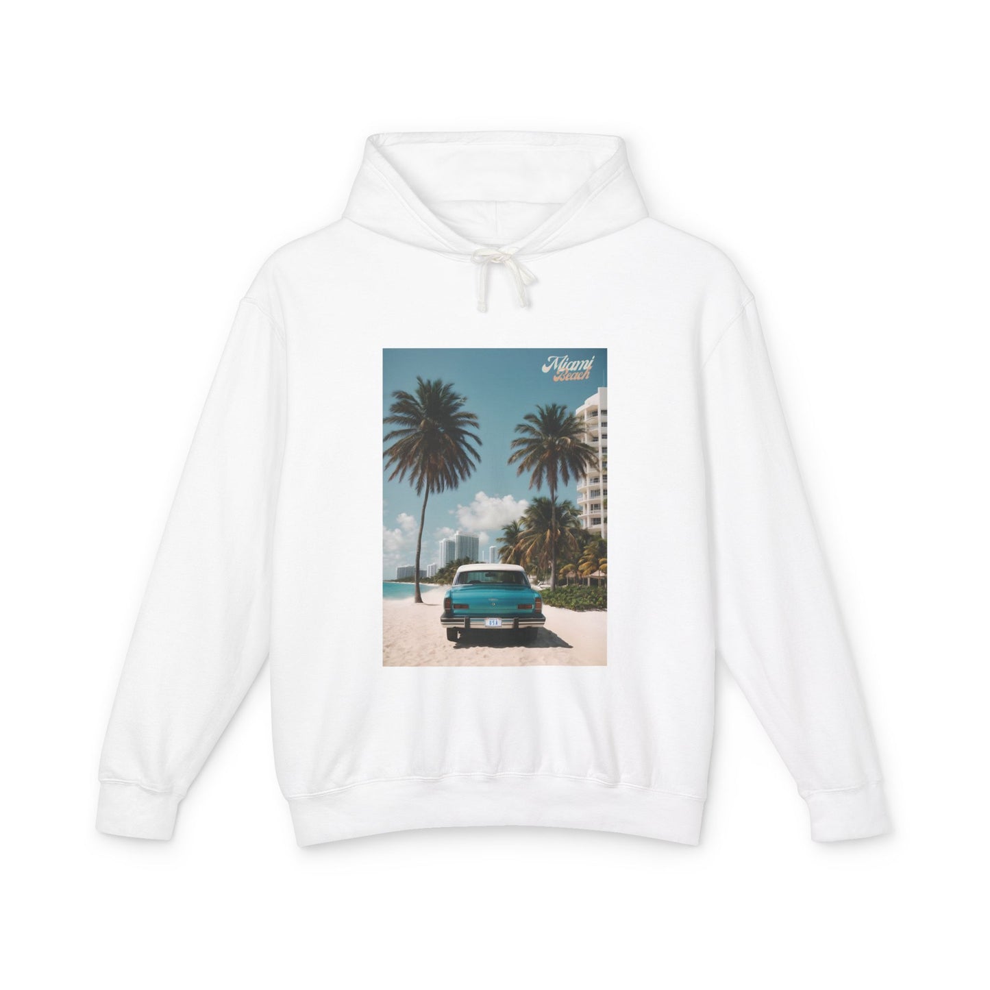 Vintage Car On The Beach Lightweight Hooded Sweatshirt